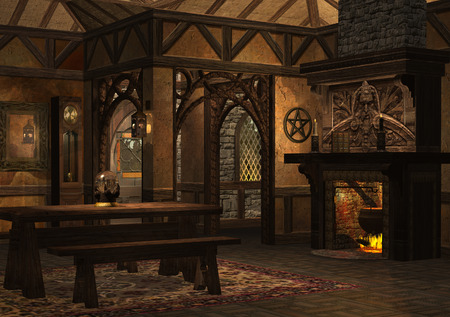 3D rendered dwarf cottage with fireplace on eveningの写真素材