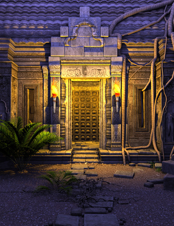 3D rendered fantasy temple gate in the nightの写真素材