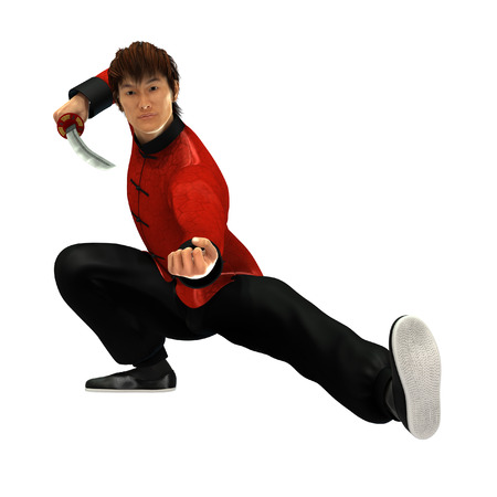 3D rendered kung fu warrior with sword on white background isolatedの写真素材