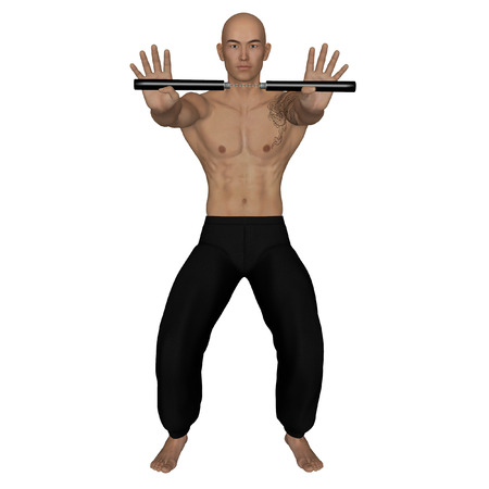 3D rendered Kung Fu monk with nunchaku on action poses on white background isolatedの写真素材