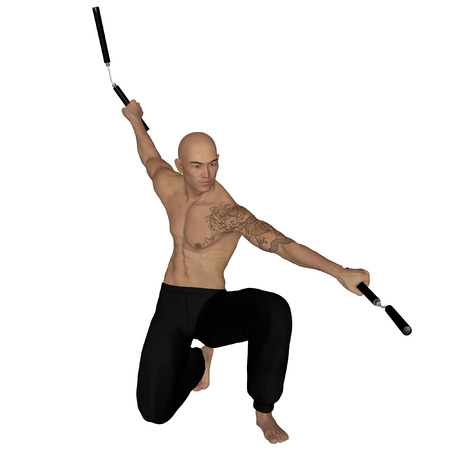 3D rendered Kung Fu monk with nunchaku on action poses on white background isolatedの写真素材