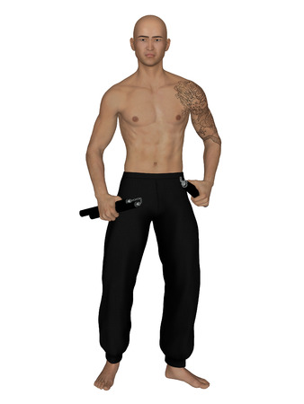 3D rendered Kung Fu monk with nunchaku on action poses on white background isolatedの写真素材