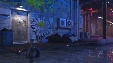 3D rendered cyberpunk street of night cityの写真素材