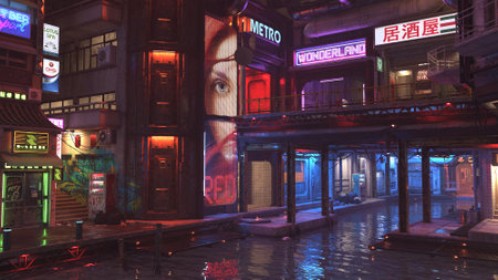 3D rendered cyberpunk street of night cityの写真素材