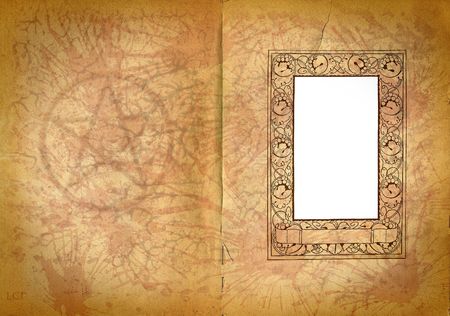 occult book pages with pentagram and ornamented empty  picture frameの写真素材