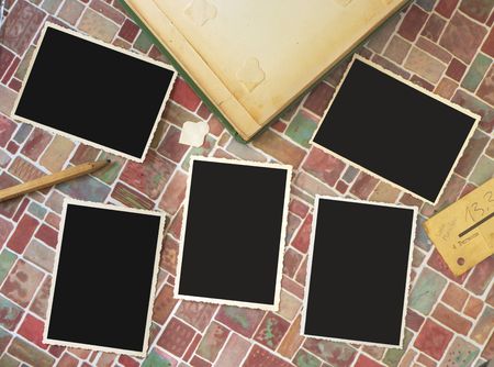 vintage deckle edge picture frames, free copy space, album, pencil, ticket, grungyの写真素材