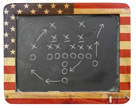 american football tactic scheme an a black boardの写真素材