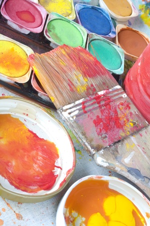 color paint and painting, still life, bruhes and paint splattersの写真素材