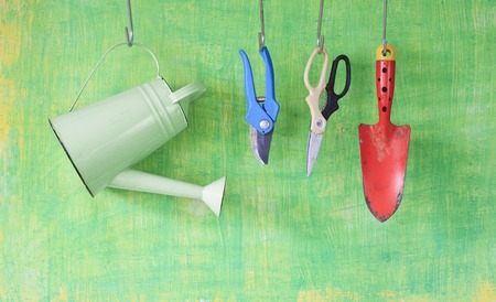 garden tools, watering can, scissor,shovel, free copy spaceの写真素材