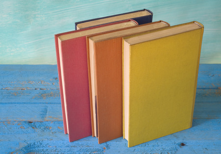 books on blue background,free copy spaceの写真素材