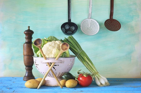 vegetables and kitchen utensils, cooking concept, free copy spaceの写真素材