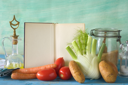cookbook, food ingredients, kitchen utensils, free copy space の写真素材