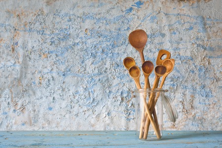 wooden spoons in a glass jar, cooking concept, free copy spaceの写真素材