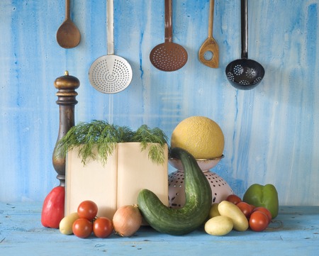 cookbook, vegetables,old kitchen utensils, free copy spaceの写真素材