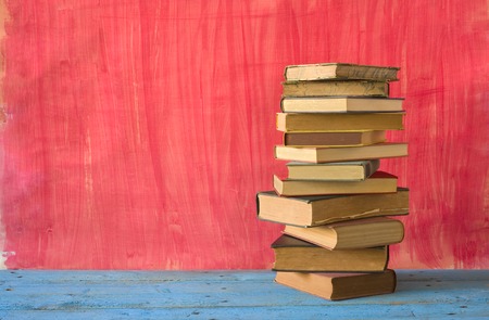 stack of books on a wooden shelf, free copy spaceの写真素材