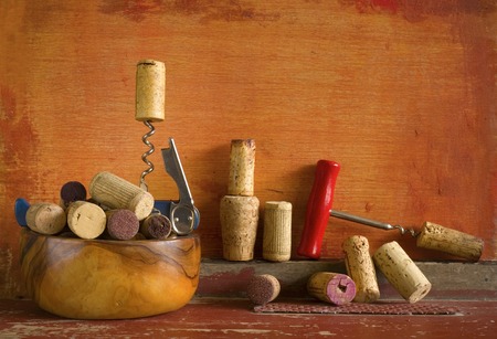 wine corks and corkscrews, free copy spaceの写真素材
