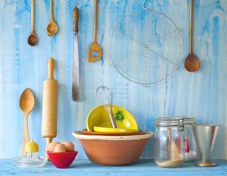 kitchen utensils and ingredients for bakingの写真素材