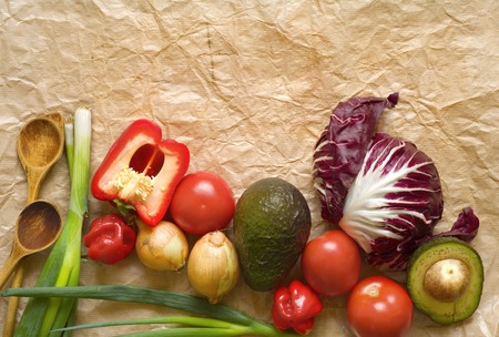 various vegetables, wooden spoons, free copy spaceの写真素材
