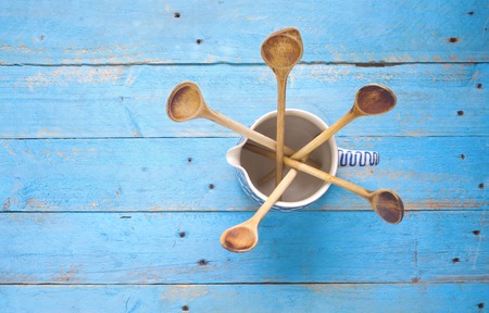kitchen utensils, wooden spoons, top view, free copy spaceの写真素材