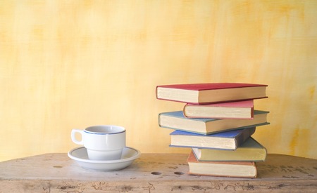 books and a cup of coffee, free copy spaceの写真素材
