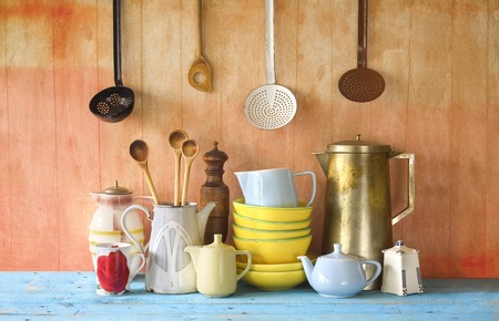 Collection of vintage dishes and kitchen utensilsの写真素材