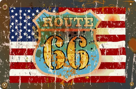 grungy fictional famous route 66 road sign, retro style, vector illustrationのイラスト素材