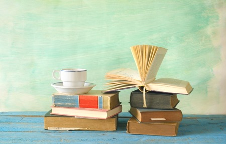 Vintage Books with a cup of coffee, free copy space