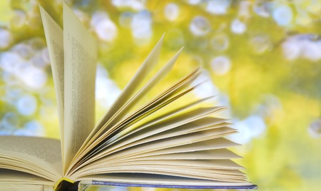 open book on blurred nature background, free copy space