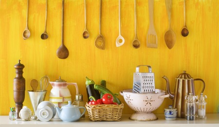 various old kitchen utensils and vegetables, cooking conceptの写真素材