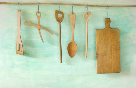 old rustic wooden kitchen utensils, free copy spaceの写真素材