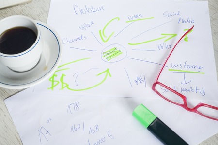 business plan sketch, mind map, coffee and highlighterの写真素材