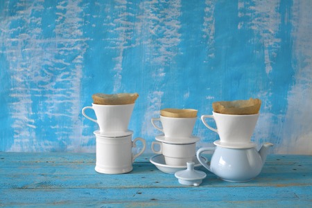 porcelain coffee filters, free copy spaceの写真素材