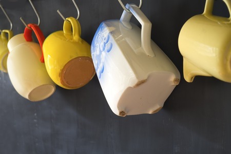 retro dinnerware, cup, coffee pot, jugs, selective focus on the blue jarの写真素材