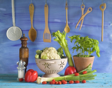 various vegetables and kitchen utensils, healthy foodの写真素材