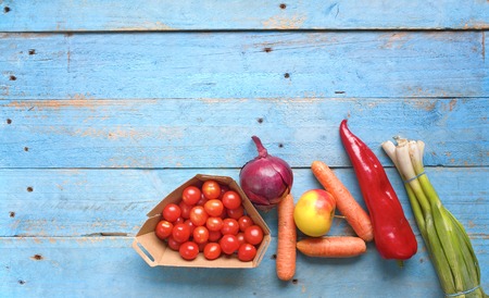 Healthy food. Vegetables and fruit on a rustic table, top view,goodの写真素材