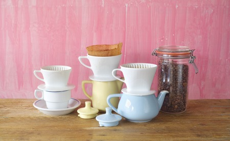 vintage coffee filters, coffee pots,coffee cup, coffee making, free copy spaceの写真素材