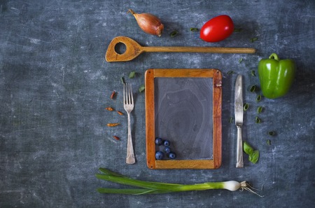 menu, template design flat lay. Empty black board, good copy spaceの写真素材