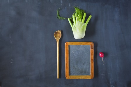 Restaurant food menu, with black board, flat lay. Good copy spaceの写真素材