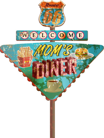 grungy route 66 diner sign, retro style, vector illustrationのイラスト素材