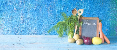 food ingredients, blackboard menu template ,panoramic,free copy spaceの写真素材