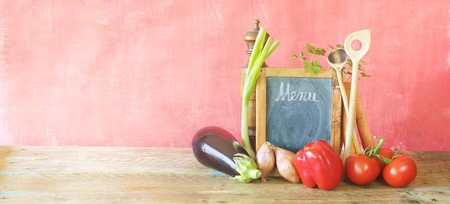 vegetables and black board, restaurant menu template,free copy spaceの写真素材