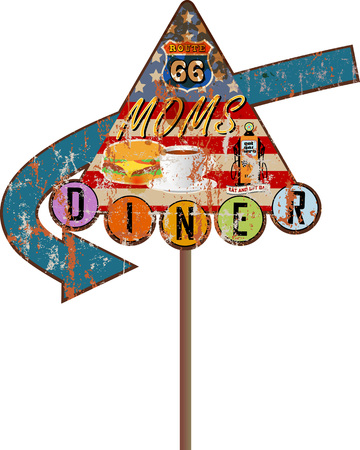 grungy retro route 66 Diner sign, vector illustrationのイラスト素材
