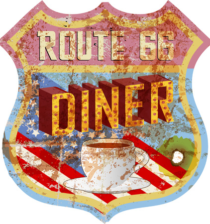 grungy route 66 diner sign, retro style, vector illustrationのイラスト素材