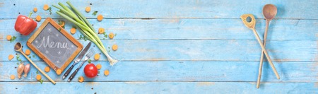 food ingredients and black board for menu or recipes, food template, flat layの写真素材