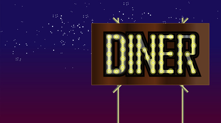 Illuminated Retro diner sign with light bulbs at night, vector illustrationのイラスト素材