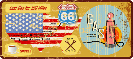 Grungy route 66 gas station sign and road map.のイラスト素材