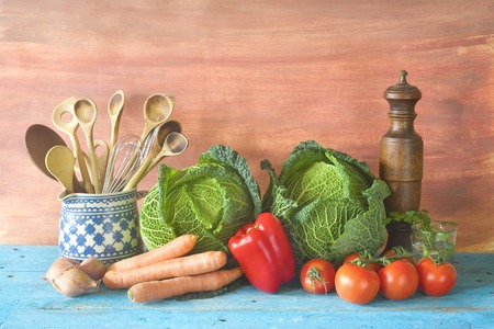 cabbage heads, vegetables and kitchen utensils, cooking, free copy spaceの写真素材