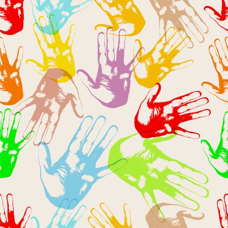 Hands in colorful repetitive, borderless illustration.のイラスト素材