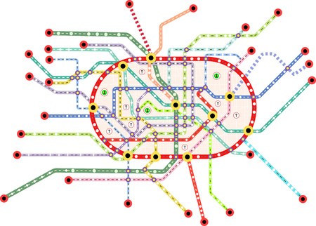 Public transportation map of a big city, fictional vector art, isolated on white background, free copy spaceのイラスト素材