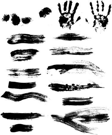 Collection of grungy paint strokes, drops and handprints, vector isolated のイラスト素材
